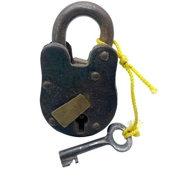 Vintage Rustic Steel Brass Padlock Heavy Duty Skeleton Key Lock Farmhouse - Picture 2 of 10